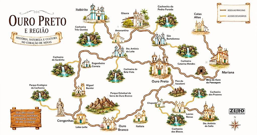 Mapa de Ouro Preto MG e região com cidades e atrações turísticas